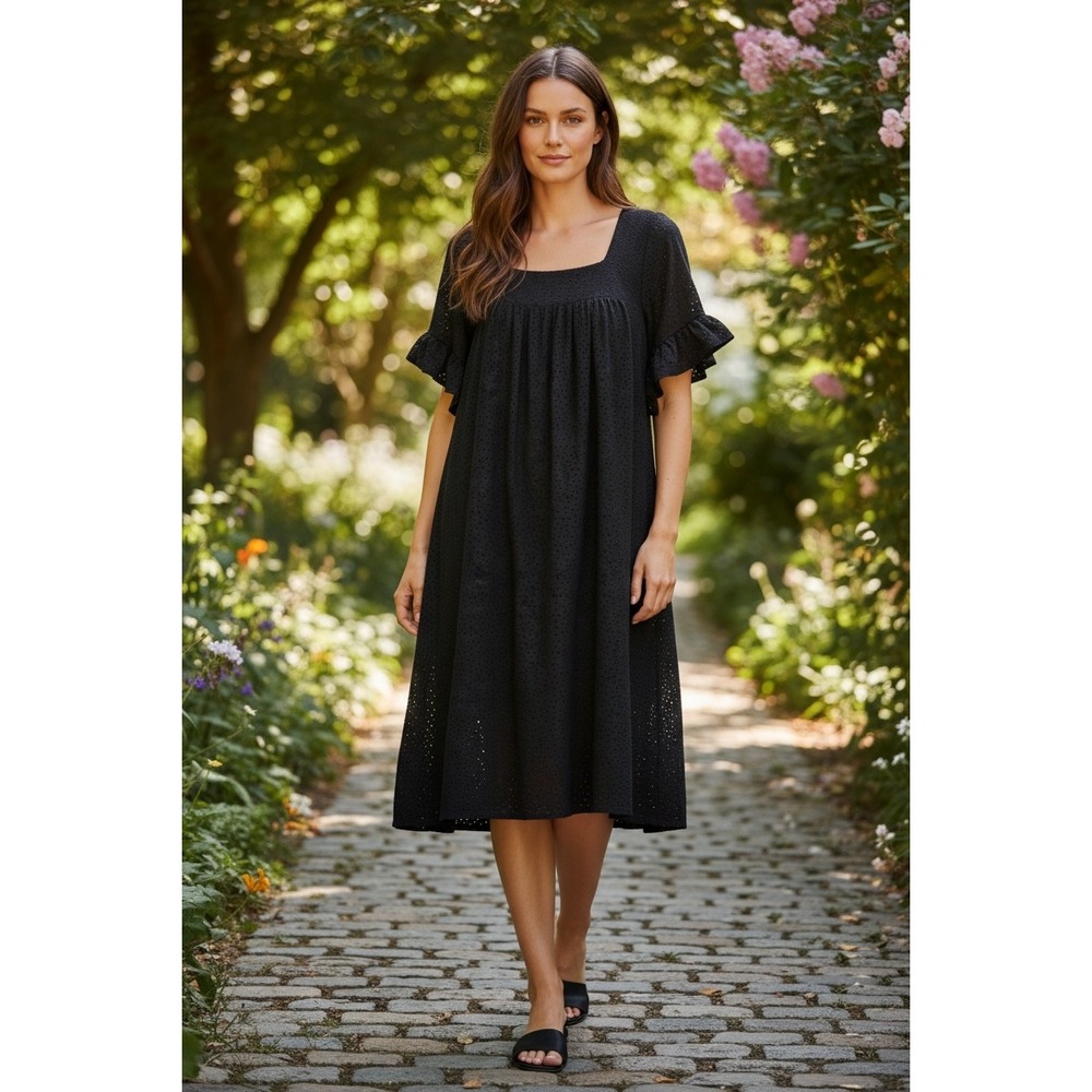 Navy Eyelet Midi Dress Square Neck Ruffle Sleeve Plus Size 14/16 Feminine Twee